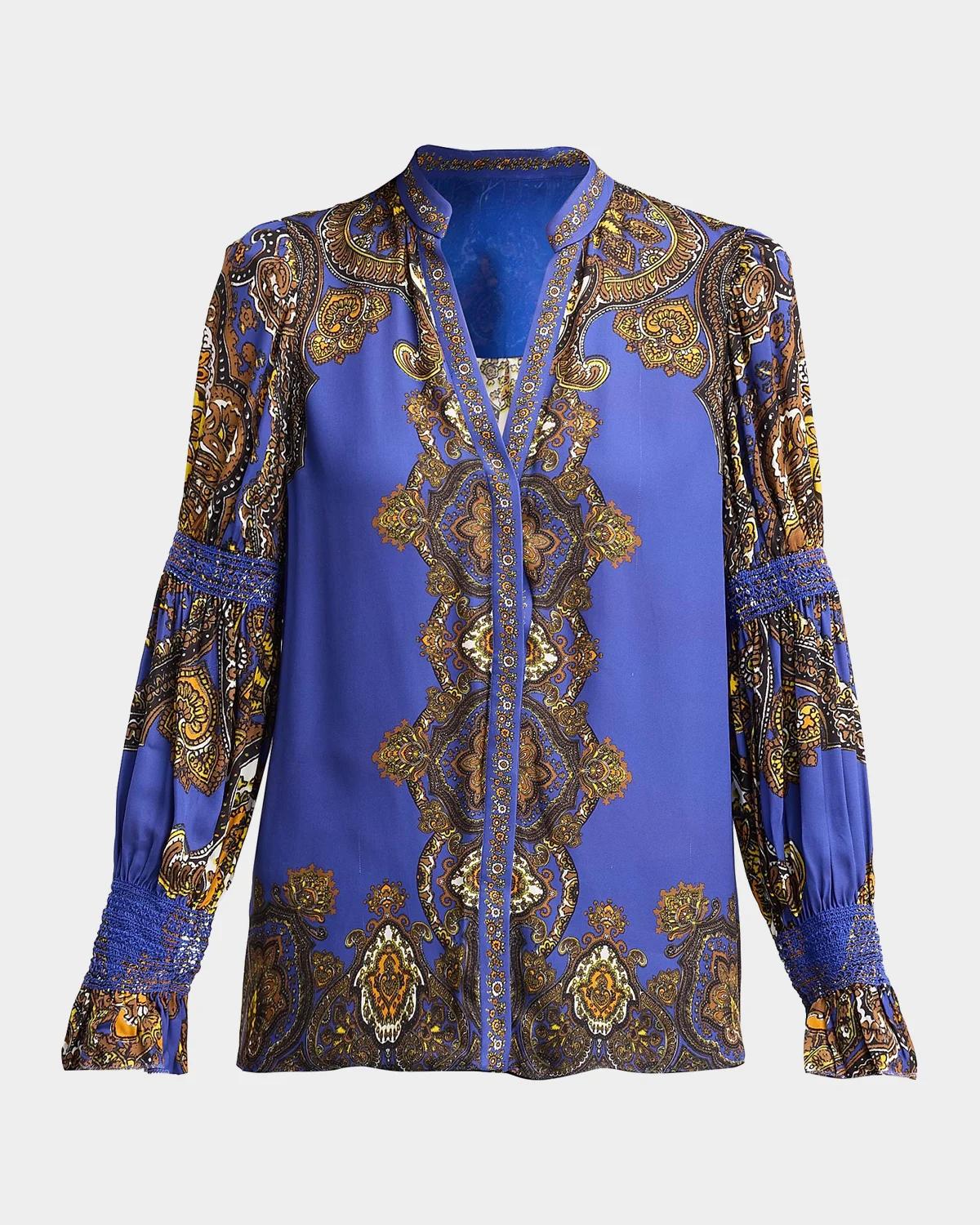 ALICE + OLIVIA Ilan Smocked-Sleeve Blouse