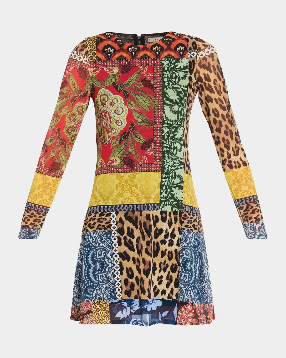 Alice And Olivia Delora Patchwork Long-sleeve Mini Dress In Off The Grid