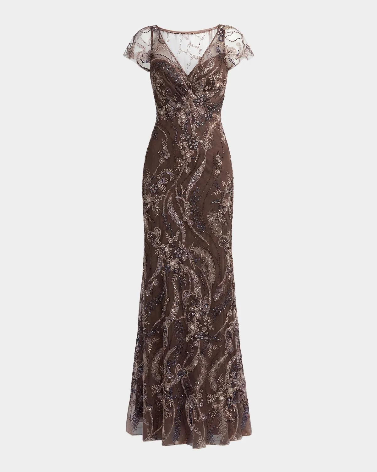 Mac Duggal - Brown V Neck Flutter Sleeve Embroidered Lace Gown - US 10
