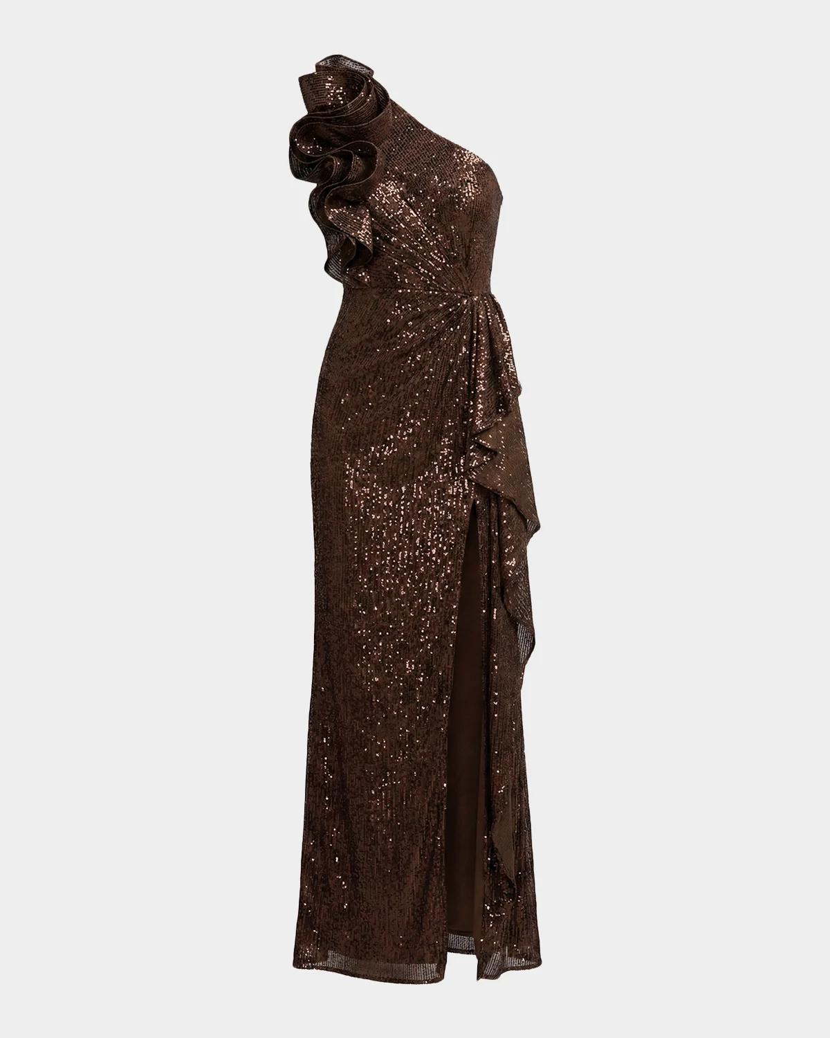 One-Shoulder Sequined Column Gown