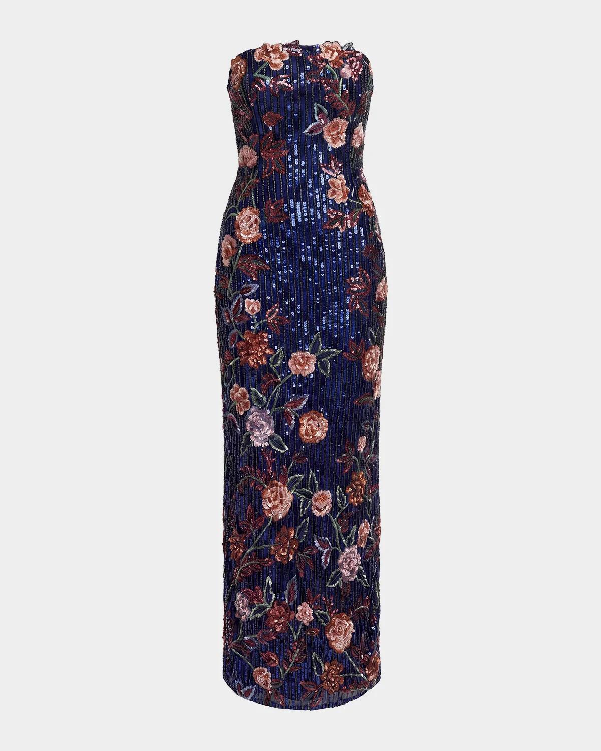 Mac Duggal - Midnight Multi Floral Embellished Strapless Column Dress - US 12