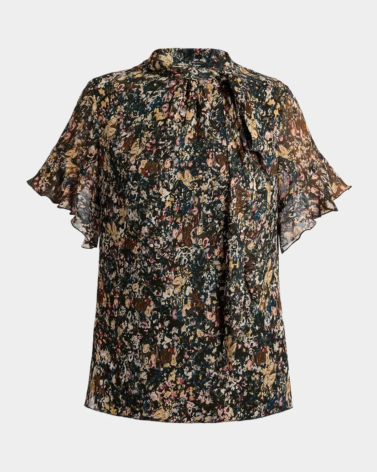 Santorelli Abstract Tie-Neck Blouse