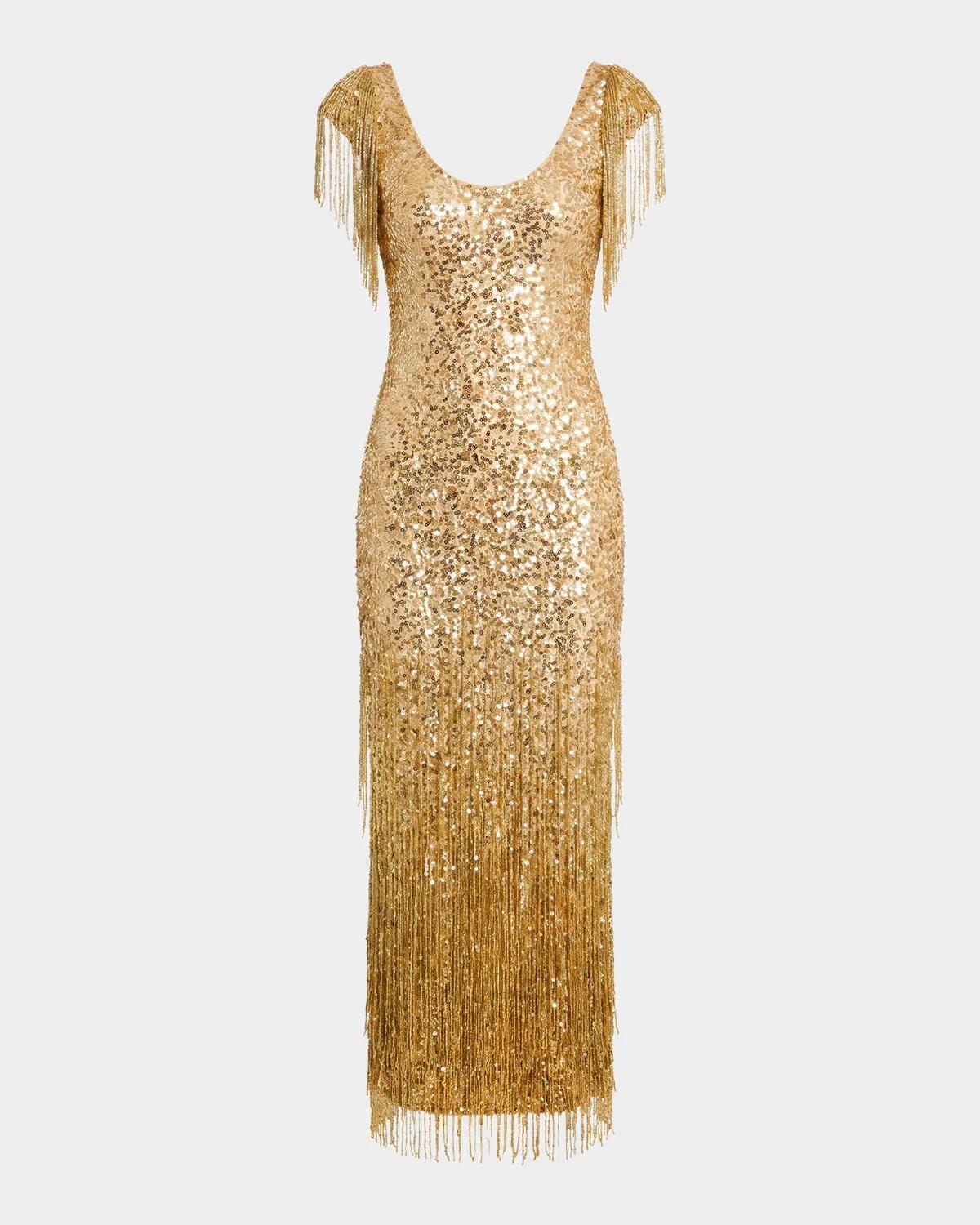 Sequin-Embellished Fringed Mesh Dress