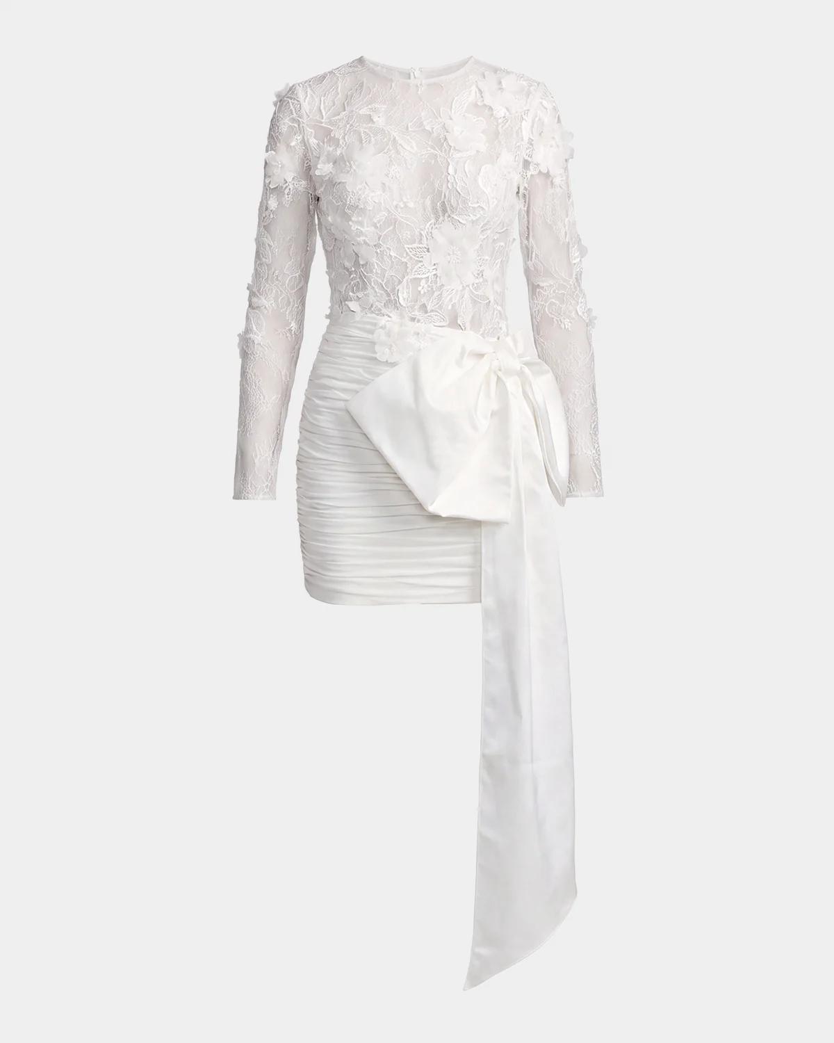 Mac Duggal Sheer Lace Bow-waist Mini Dress In White