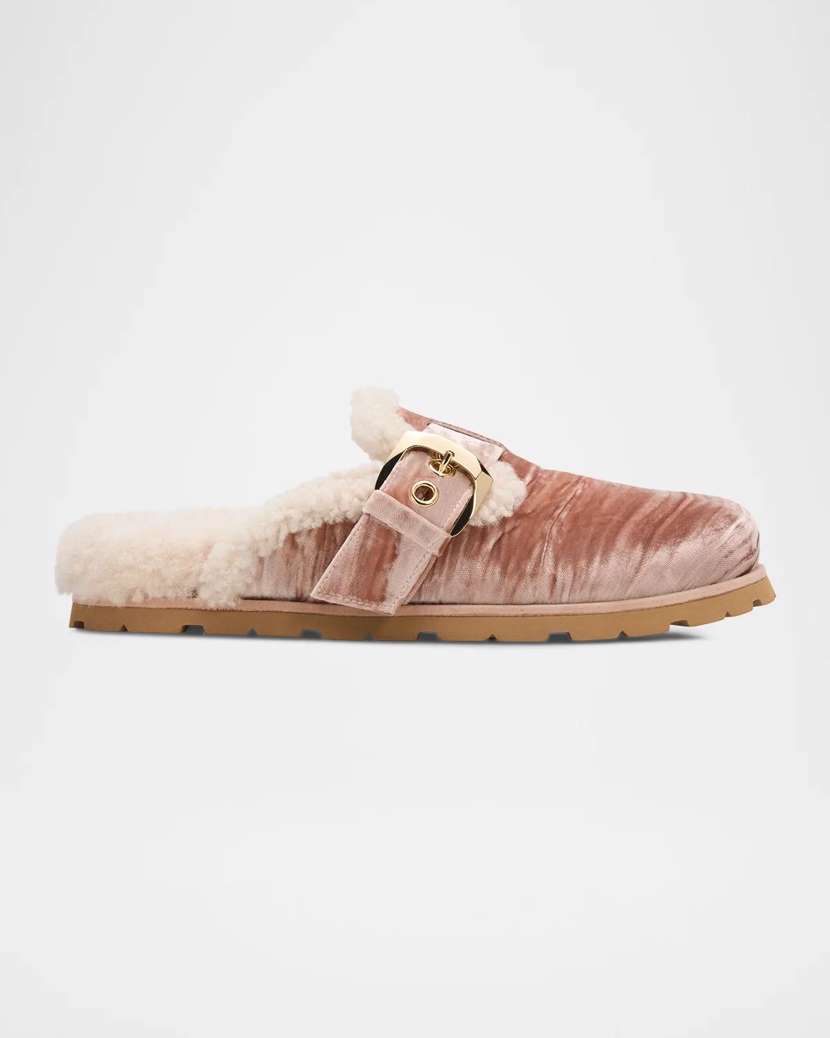 Stuart Weitzman Dara Shearling-lined Suede Buckle Mules In Blushfulna