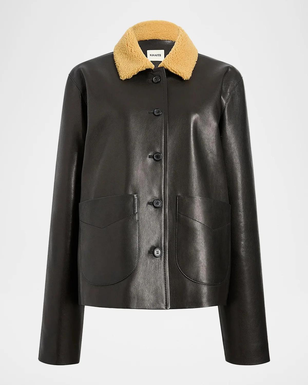 Khaite Wilson Lamb Shearling Collar & Leather Barn Jacket In Black