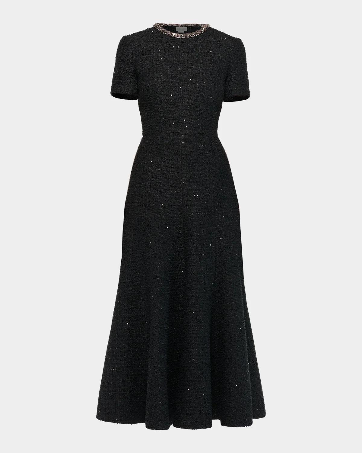 Roland Mouret Embellished-Neckline Sequin Tweed Short-Sleeve Midi Dress