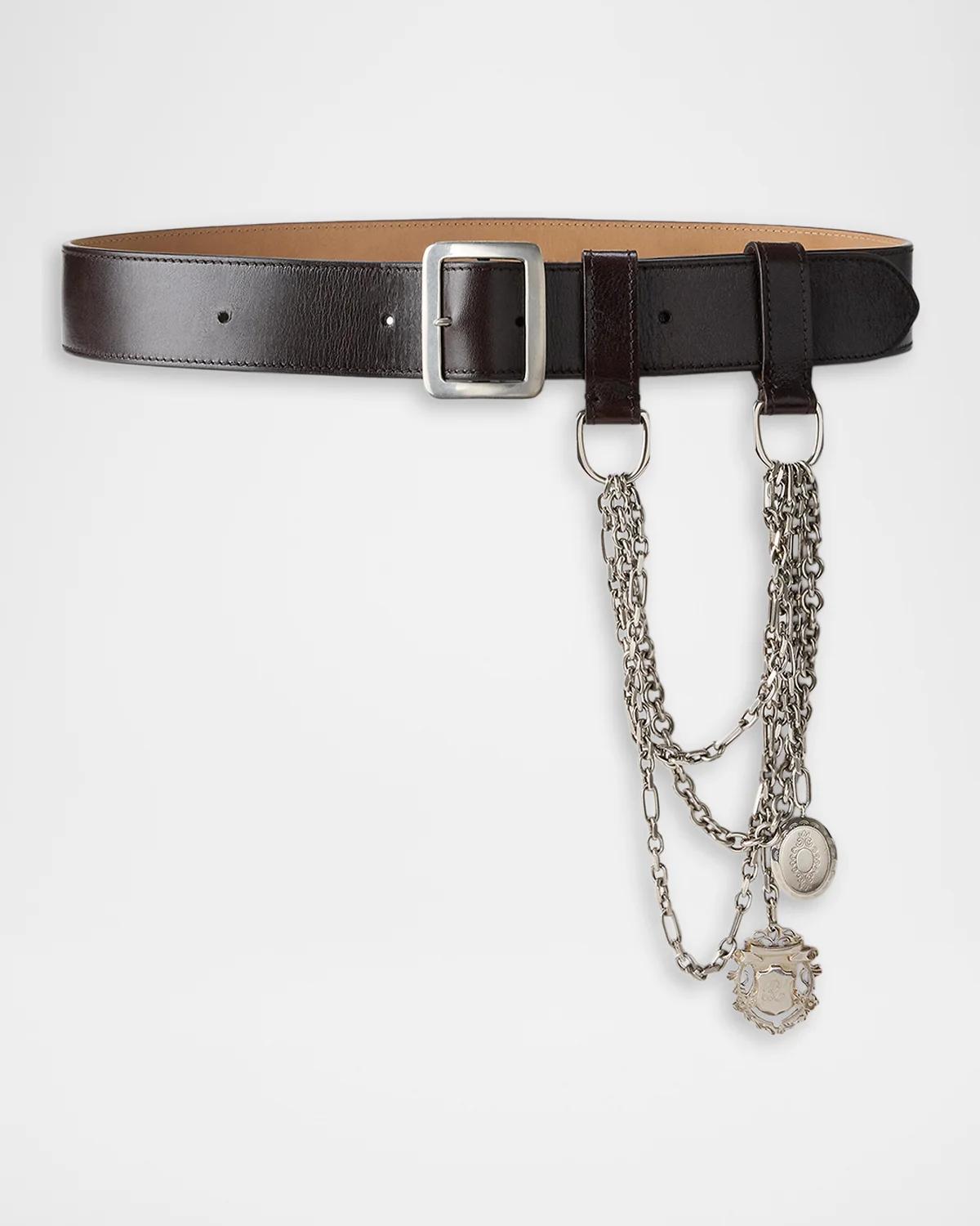 Ralph Lauren Collection Chain-Trim Washed Leather Wide Belt