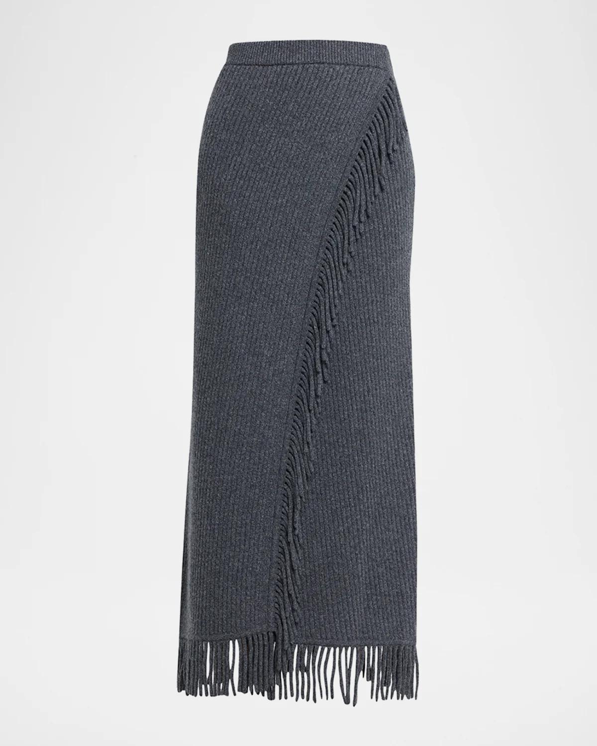 Simkhai Casey Ribbed Fringe-trim Midi Skirt In Dark Charcoal