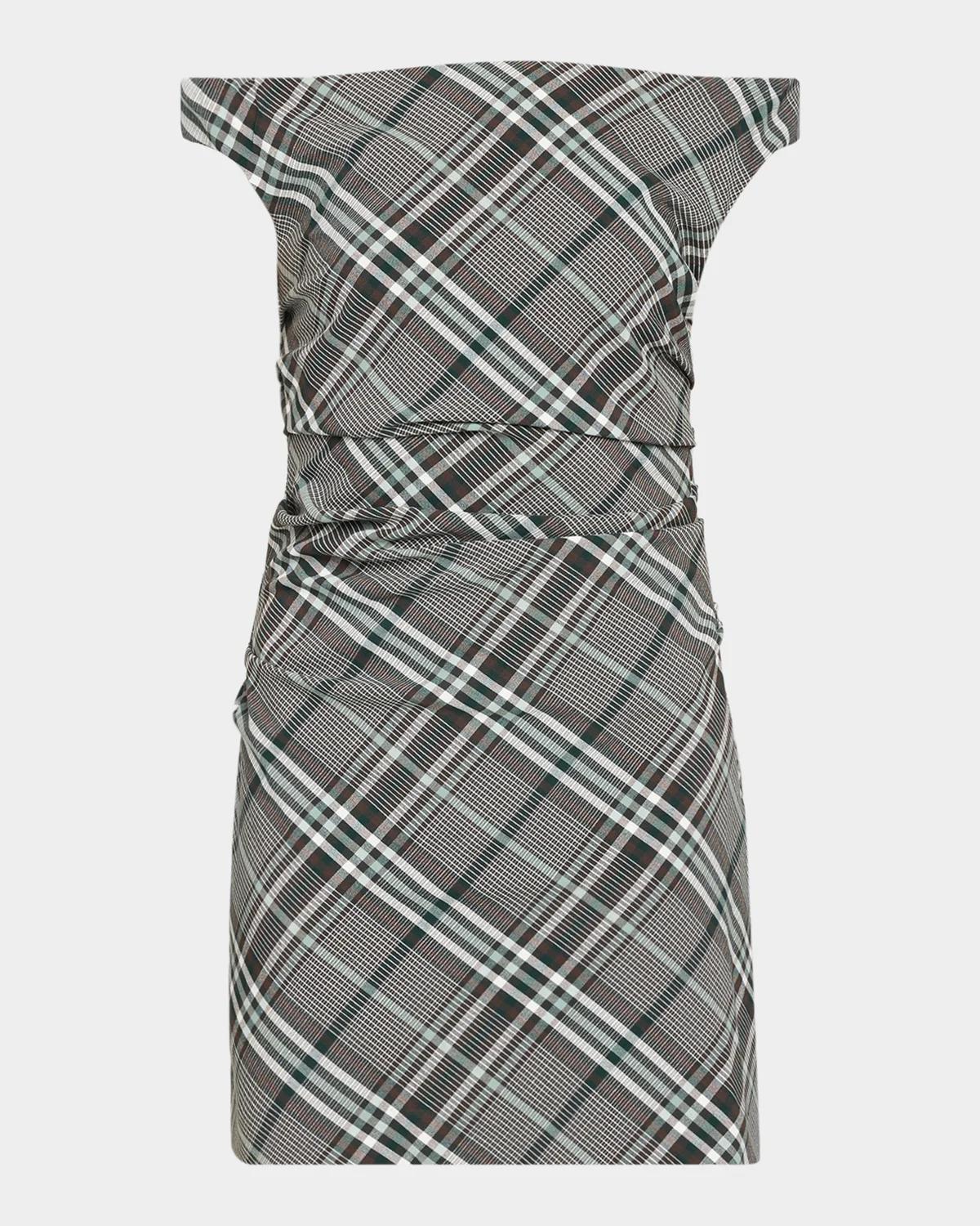 SIMKHAI Wells Plaid Off-the-Shoulder Mini Dress