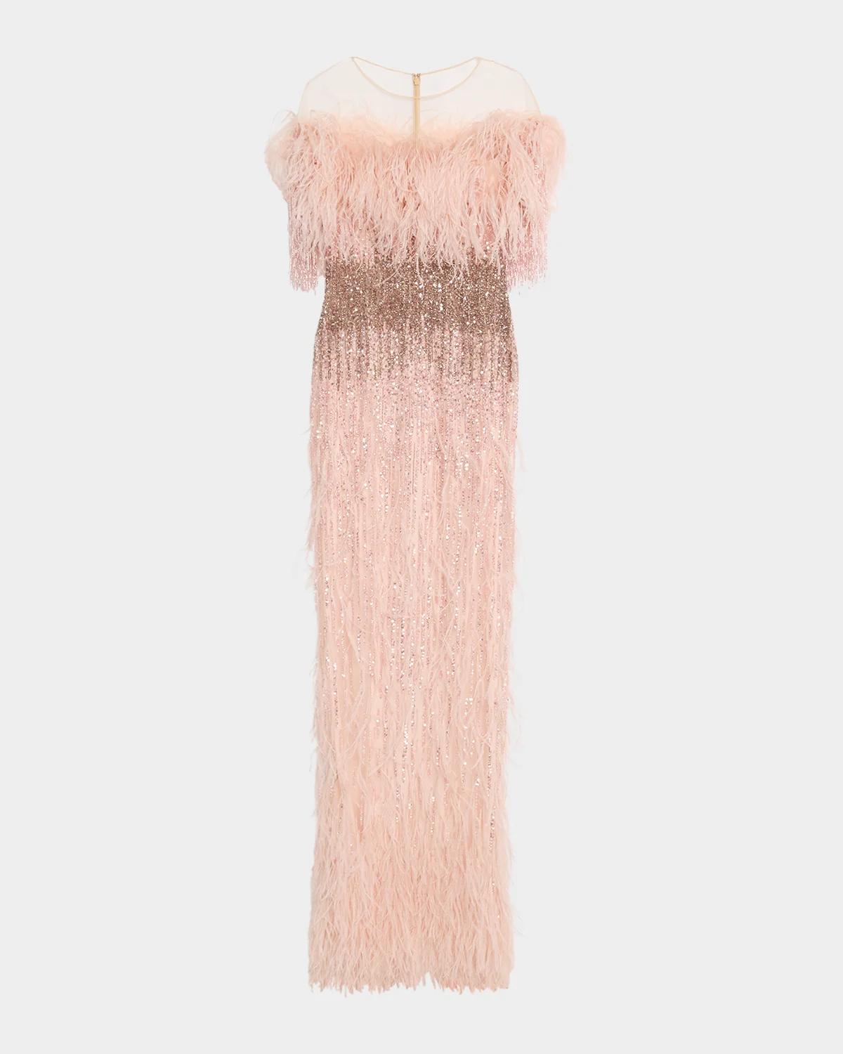 Pamella Roland Feather Beaded Off-The-Shoulder Illusion Column Gown