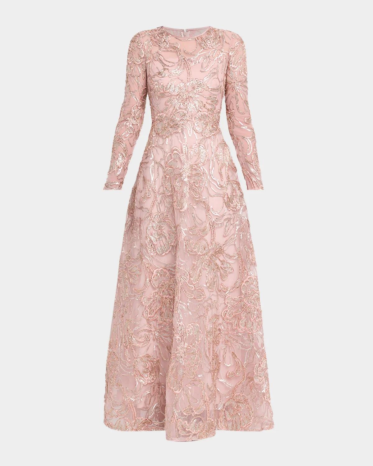 Pamella Roland Metallic Raffia Floral Embroidered Long-sleeve Gown In Rose Gold