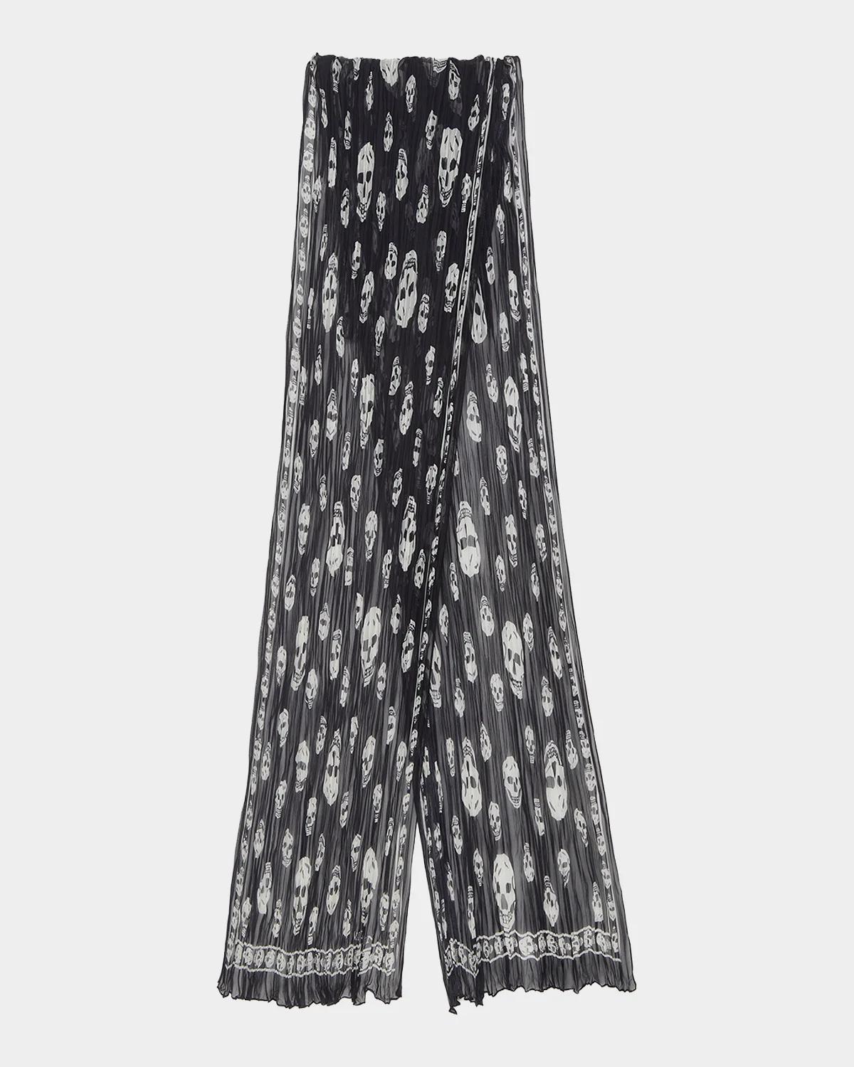 McQueen Skull Pleated Silk Georgette Scarf