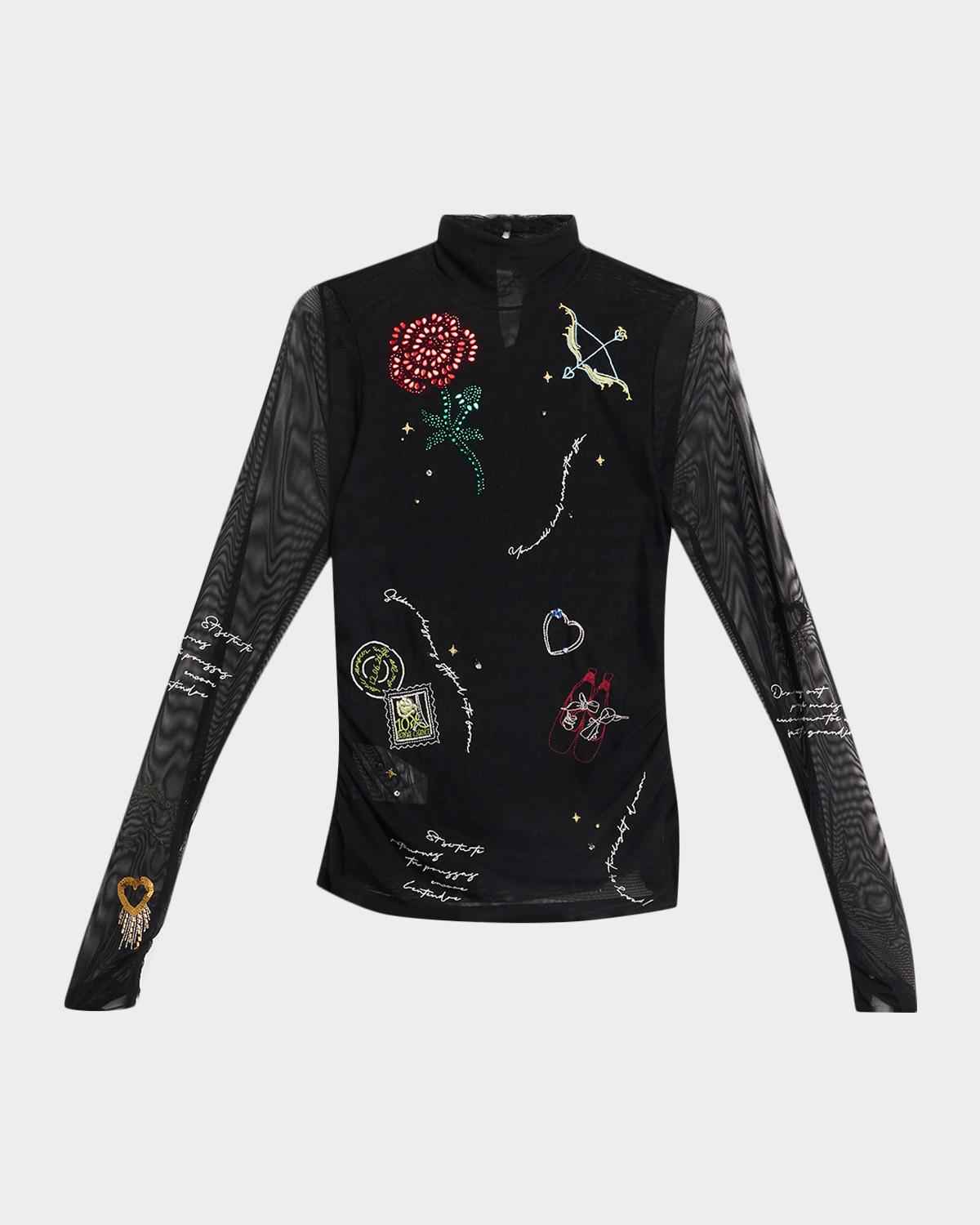 Cinq À Sept Starry Scribbles Mesh Turtleneck Top In Black Mult