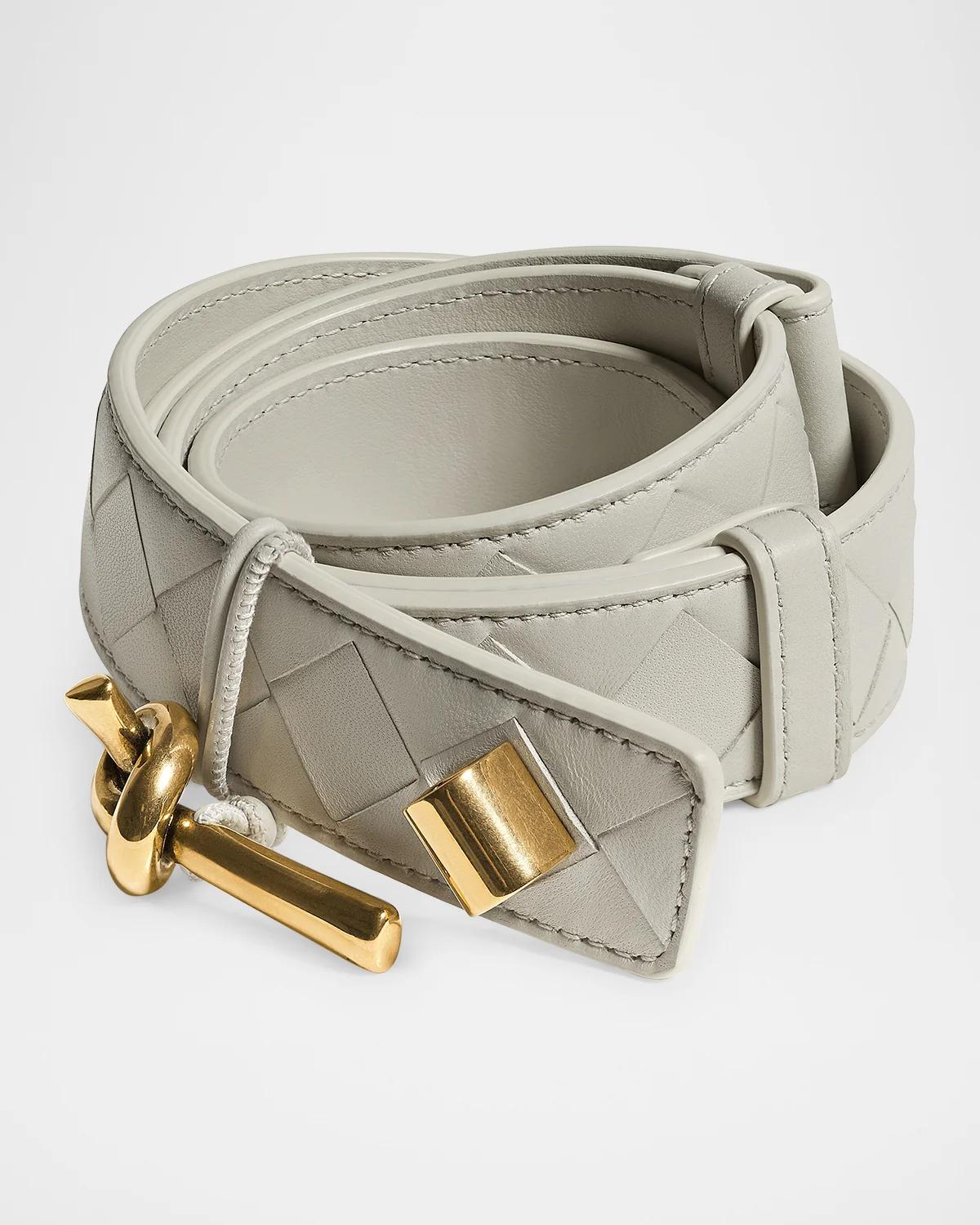 Bottega Veneta Knot-buckle Intrecciato Leather Belt In Silica Gre