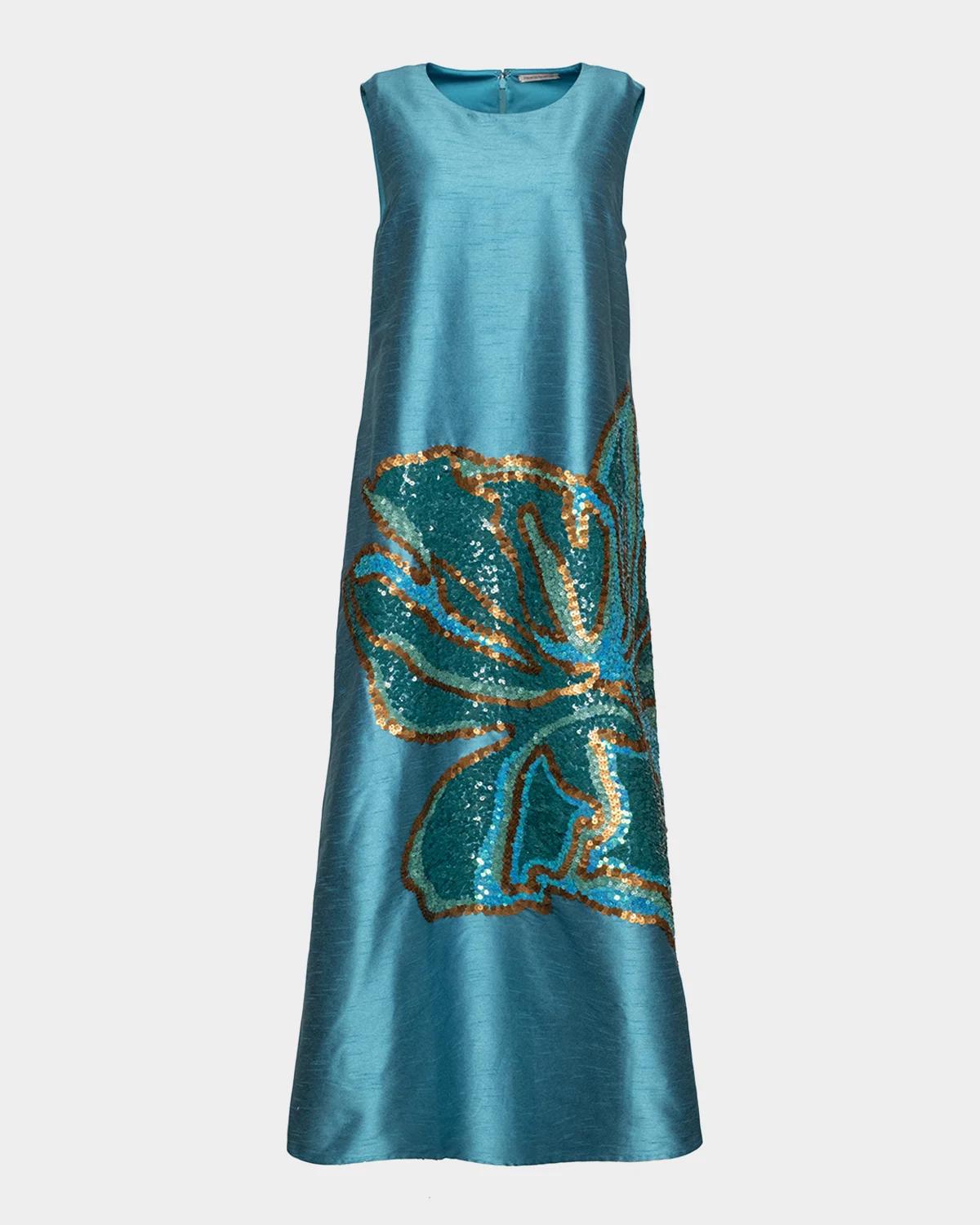 Frances Valentine Alice Sequin Floral Trapeze Midi Dress
