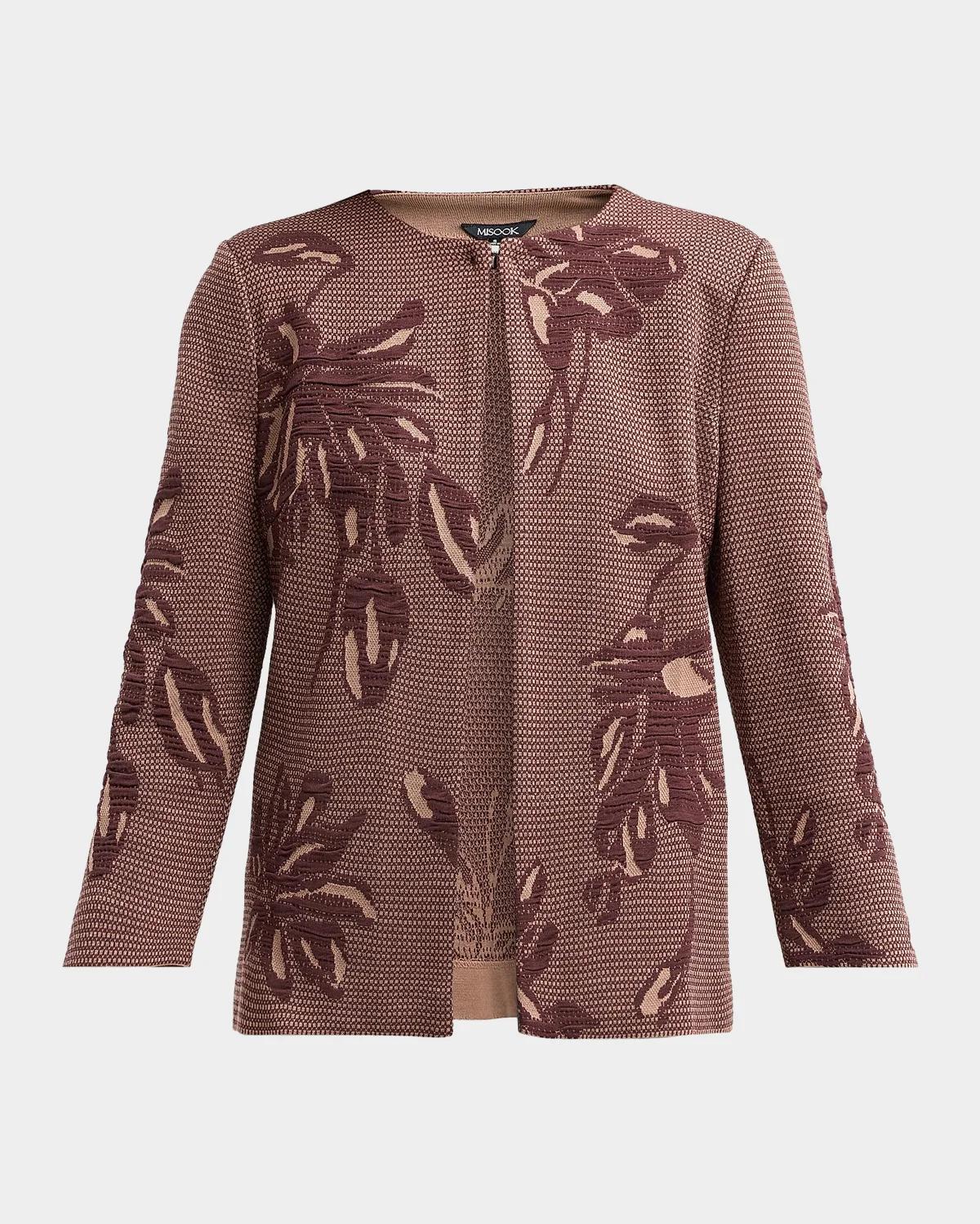 Misook Heritage Floral Jacquard Flat Knit Jacket In Burgundy