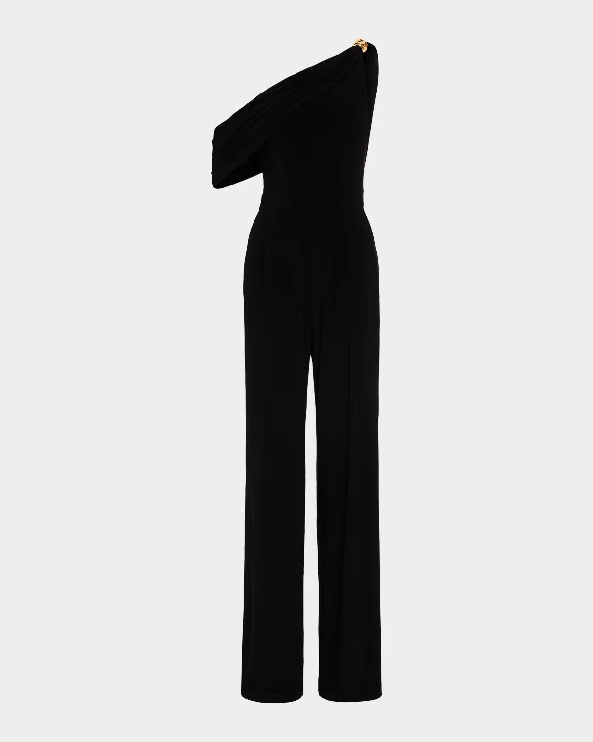Valery Asymmetrical Embellished Jersey Jumpsuit in Black