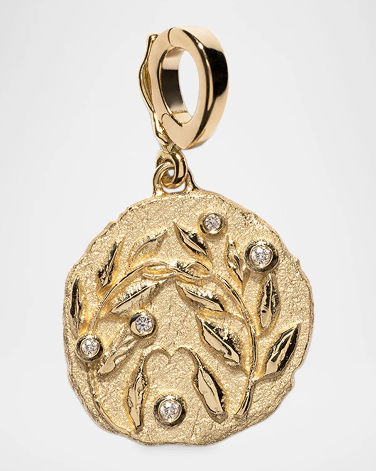 18K Yellow Gold Olive Branch Small Coin Charm with Diamonds
