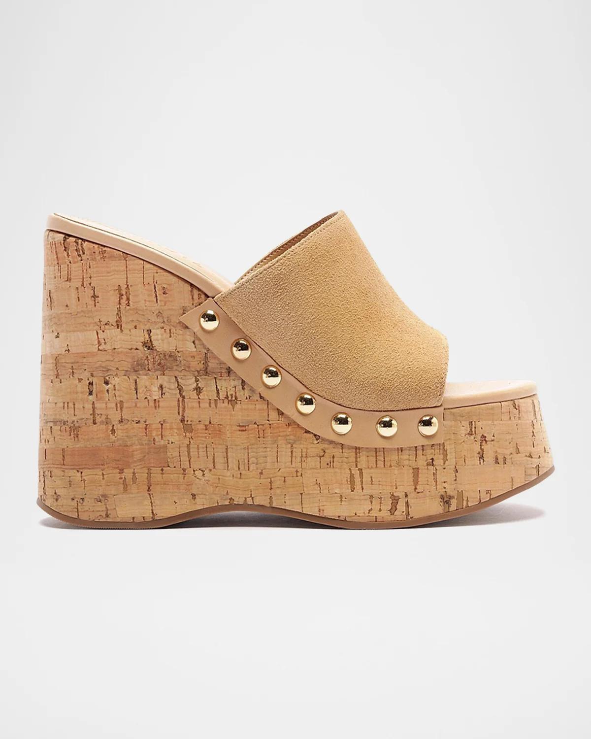 Schutz Dalle Studded Suede Wedge-heel Mules In Light Wood