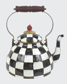 Iconic Black & White Courtly Check Enamel Tea Kettle with Bird