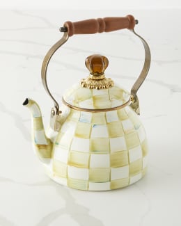 Iconic Black & White Courtly Check Enamel Tea Kettle with Bird