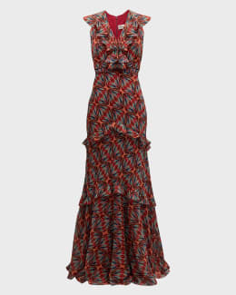 Saloni Renee Long Floral Silk Spaghetti-Strap Dress | Neiman Marcus