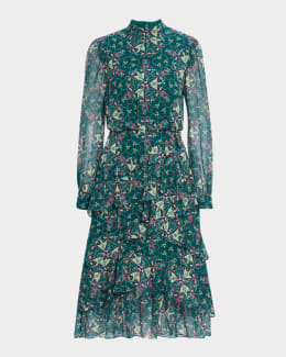 Saloni Jacqui-B Belted Floral Silk Midi Dress | Neiman Marcus