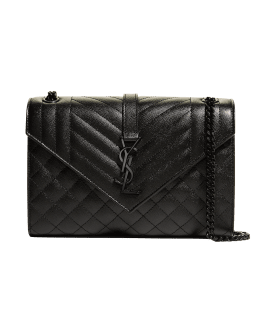 100% Authentic Yves Saint Laurent YSL College Medium Bag Chevron Quilted  Black Leather Shoulder 2 Way Sling HandBag Work Bag