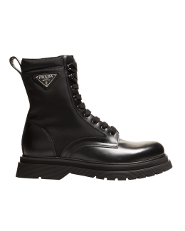 Prada Men's Nylon & Leather Triangle Logo Combat Boots | Neiman Marcus