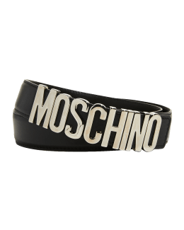 Moschino Men's Buckle-Logo Leather Belt | Neiman Marcus