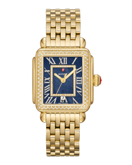 MICHELE Deco Diamond and Lapis Pattern Dial Watch in Gold Tone