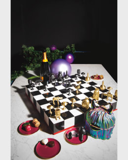 L'Objet Modern Classic White Marble Brass Accent Chess Set