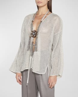Giorgio Armani Wave-Print Long-Sleeve Metallic Silk Jersey Knit