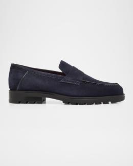 Santoni Mens 11.5 D Carlo Penny‎ Loafers Shoes Navy Leather Apron Toe Slip On Santoni - Carlos Navy Blue Suede Penny Loafer | Mitchell Stores main image 3