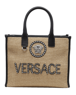 Versace Chain Stripes La Medusa Small Tote in Porcelain White/Multi/Gold