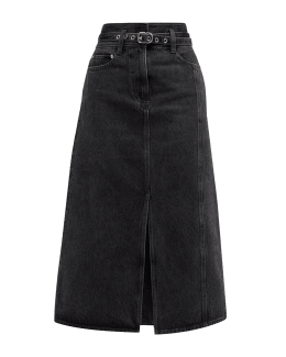 High Waist Tie A-Line Denim Midi Skirt