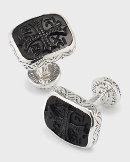 David Donahue Men's Black Onyx Cuff Links And Stud Set - Silver Tone With Onyx Stone, Formal Wear Accessories