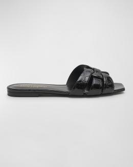 Saint Laurent Woven Leather Sandal Slide | Neiman Marcus