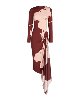 Jil Sander V-Neck Long-Sleeve Satin Midi Dress | Neiman Marcus
