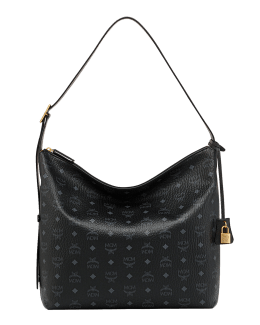 MCM Aren Small Monogram Leather Hobo Bag Black