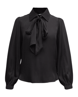 No. 21 Tie-Neck Shirred Button-Front Long-Sleeve Silk-Blend Blouse