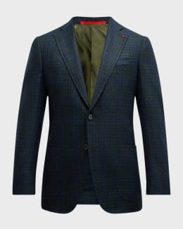 Isaia Men's Tan and Blue Gingham Check Sport Jacket | Neiman