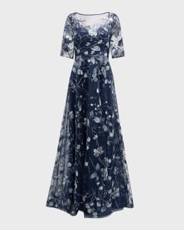Rickie Freeman for Teri Jon Pleated Off-Shoulder Floral-Print Organza Gown  | Neiman Marcus