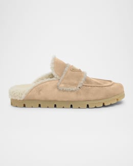 Prada Suede Shearling Cozy Platform Mules | Neiman Marcus