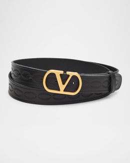 Valentino Garavani Men's VLogo-Buckle Leather Belt | Neiman Marcus