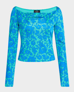 トップス Giorgio Armani long sleeve knit Giorgio Armani Wave-Print Long-Sleeve Metallic Silk Jersey