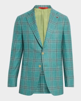 Isaia Men's Tan and Blue Gingham Check Sport Jacket | Neiman