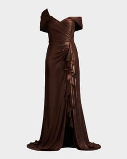 Tadashi Shoji Off-Shoulder Pleated Ruffle Gown | Neiman Marcus