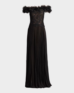 knee length dresses for ladies Embroidered Lace and Pintuck Jersey Illusion Neckline Gown  Tadashi Shoji  Official Online Boutique